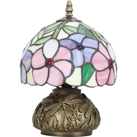 Tiffany-Style Table Lamp with Sculpted Dragonfly Base, Handcrafted Antique Stained Glass Bedside Lamp for Living Room Bedroom, E27 Socket, Pink (1/5)