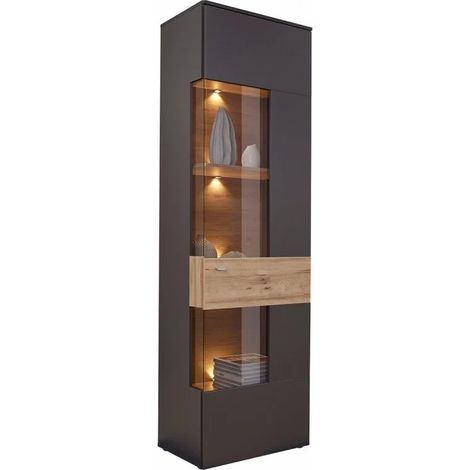 Colonne vitrine 1 porte droite décor bois clair et gris anthracite – Éclairage LED intégré – Système soft-close – Dimensions 60x203x41cm – Meubletmoi (1/5)