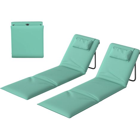 Lot de 2 tapis de plage pliables avec dossier réglable et appui-tête rembourré, 146 x 50 x 2 cm, vert (1/5)