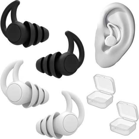 Bouchon Oreille Piscine, 2 Paires Bouchons d'Oreilles pour Dormir en Silicone Souple, Imperméable et Réutilisable, Protection Auditive pour Natation, Sommeil, Avion, avec Boîte (Noir+Blanc) (1/5)