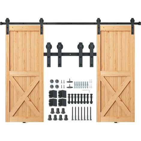 Kit de quincaillerie pour porte coulissante de grange 243,8 cm, rail renforcé 149,7 kg pour double porte, largeur totale 112-131 cm, épaisseur 3,3-4,6 cm, poulie silencieuse (forme I) (1/5)