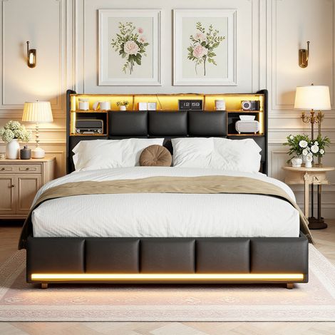 Lit Coffre 160 x 200 cm, Lit 160x200, Lit Double avec LED Réglable et Ports USB, Lit 2 Personnes avec Sommier et Tête de Lit Capitonné, Système de Levier Hydraulique, PU, Noir (1/5)