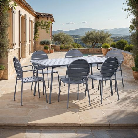 Table + 4 chaises + 2 fauteuils ronds en métal gris - BACA
