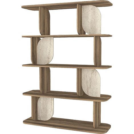 Etagère avec 4 tablettes - Naturel foncé et effet travertin beige - NELERIA (1/5)