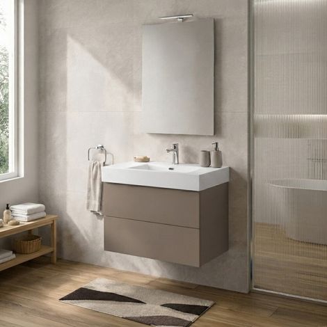 Mobile bagno sospeso 70 cm tortora due cassetti push-pull e lavabo in resina Tierra (1/5)