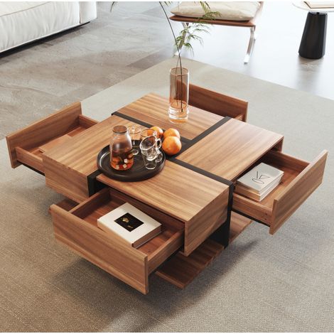 Table basse carrée 78 x 78 x 36 cm avec 4 tiroirs et rangement inférieur HAVRYA (1/5)