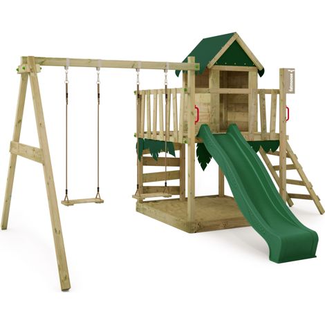FATMOOSE Tour de jeux Portique d'escalade JazzyJungle avec balançoire et toboggan, cabane de jeu avec bac à sable, Échelle & accessoires de jeu – vert