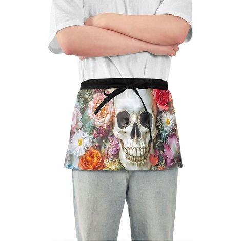 Tablier de serveuse à motif floral et tête de mort demi-tablier de travail pour jardinage et maison 3 poches lot de 1 (1/4)