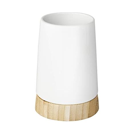 Wenko 17675100 Bicchiere Portaspazzolini Bamboo, Ceramica, Legno, 8 x 11,6 x 8 cm, Bianco (1/4)