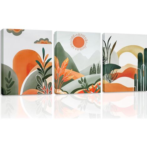 3Pcs Bohème Montagne Soleil Tableau Décoration Murale avec Cadre (1/5)