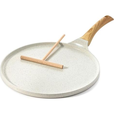 Padella antiaderente in ceramica per pancake (28 cm), adatta a piani cottura a induzione, con spargi-pasta e manico ergonomico, colore bianco. (1/3)
