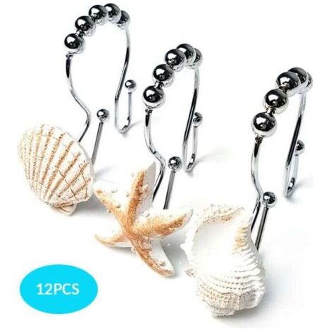 Crochets de rideau de douche décoratifs océan antirouille, anneaux de rideau de douche en acier inoxydable avec 5 rouleaux coulissants pour salle de bain et douche, ensemble de 12 crochets