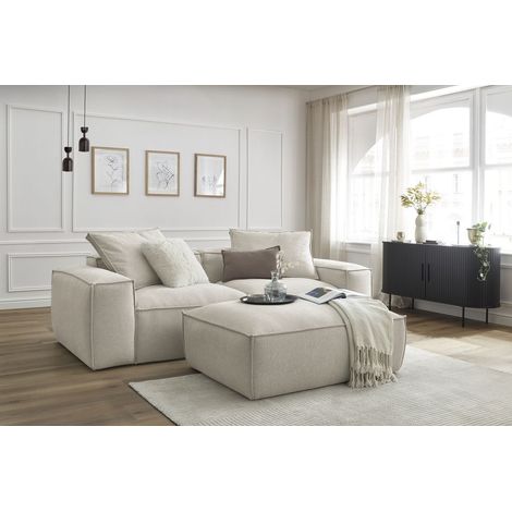 BOBOCHIC - Canapé droit fixe 3 places ultra moelleux BOHEME tissu chiné avec pouf Beige (1/5)