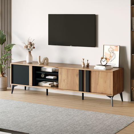 Meuble TV en bois chêne brun, buffet bas 180 cm, console pour téléviseur jusqu'à 80 pouces, avec porte et compartiment ouvert, rangement élégant. (1/5)