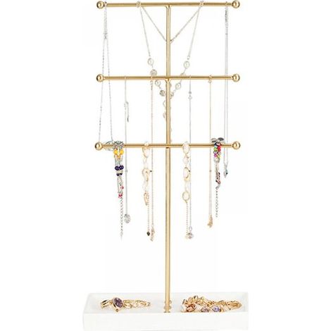 Porte-bijoux à 3 niveaux – Présentoir extra haut pour colliers avec tiroir pour bagues, bracelets et boucles d'oreilles – Conception anti-rayures et anti-nœuds (1/5)