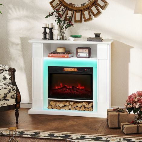 Cheminée électrique avec éclairage LED, effet flamme réaliste, 1800 W, à poser, 2 télécommandes, en verre, blanche (1/5)