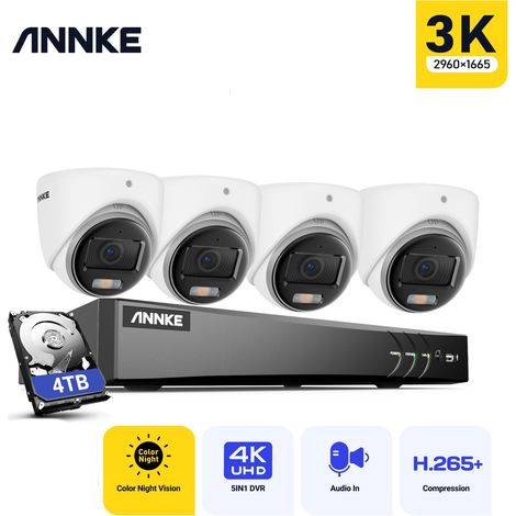 ANNKE Kit Caméras de Vidéosurveillance Tourelle Extérieures Filaires,8CH 3K H.265+DVR et 4 Caméras 5MP,Vision Nocturne Couleur,Accès à Distance,4TB HDD (1/5)