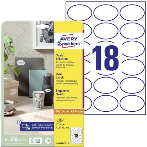 Avery-Zweckform L6024REV-25 Etichetta universale 63.5 x 42.3 mm Carta Bianco 450 pz. Staccabile Stampante laser a color (1/5)