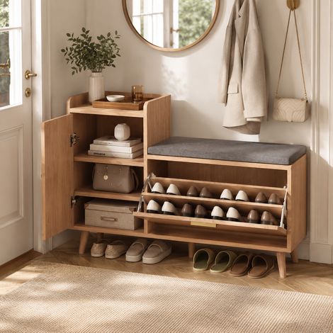Meuble à chaussures bas avec rangement multifonctionnel - 100 x 30 x 69.5 cm - Banc à chaussures rembourré - Pieds hauts en bois massif - Bois naturel (1/5)