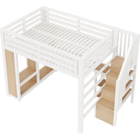 Metall-Hochbett 140 x 200 cm weiß mit Schreibtisch, offenem Schrank, Treppe und USB-LED (1/5)