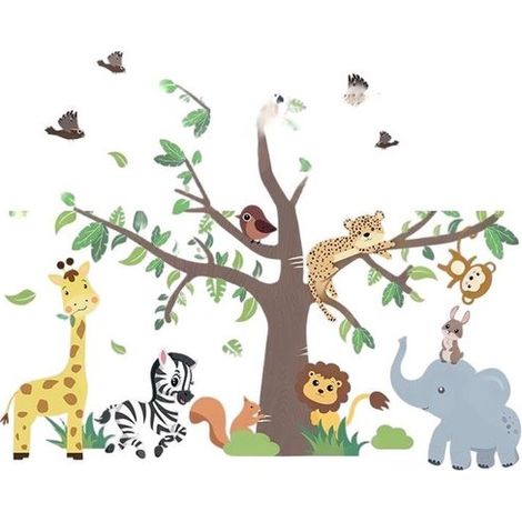 Vinilos decorativos de pared con árboles de la selva y animales，Vinilos decorativos de pared con estampado de leopardo，dormitorio y guardería (1/5)