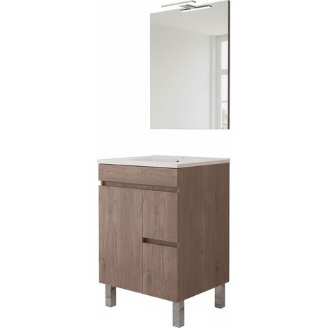 Kibath Mueble de baño con Lavabo, Espejo y Aplique LED URBAN 60x45 cm acabado Gris brillo 2 cajones y 2 puertas