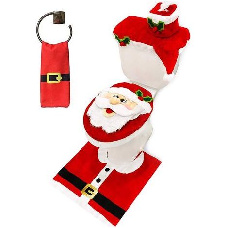 Ensemble Salle de Bain 5 pièces Thème Renne de Noël : Housse WC, Tapis, Couvercle Réservoir, Couvercle Rouleau, Serviette Père Noël (1/5)