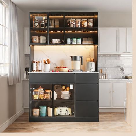 Meuble de rangement haut avec vitrine et LED noir et blanc en MDF (1/5)