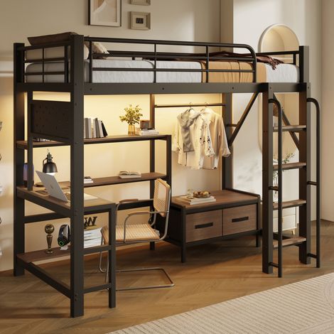 Lit mezzanine enfant 90 x 200 cm en métal et MDF noir, avec bureau, étagères, tiroirs en tissu, panneau perforé, LED multicolore, USB et garde-corps – CHICFURN (1/5)