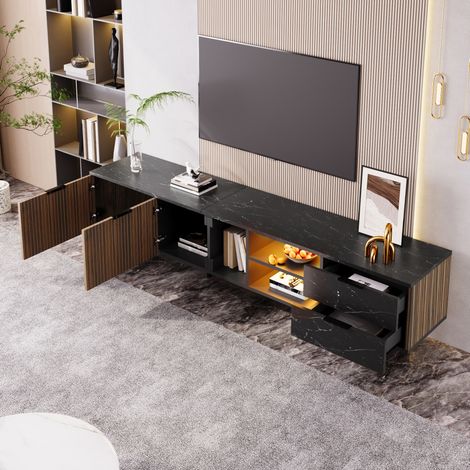 Meuble tv rangement 200 cm LED bois noir deux portes OKMYHOME (1/5)