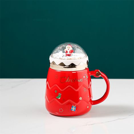 Mug de Noël en céramique (rouge), décoré d'un motif de Père Noël et doté d'un couvercle original. (1/5)