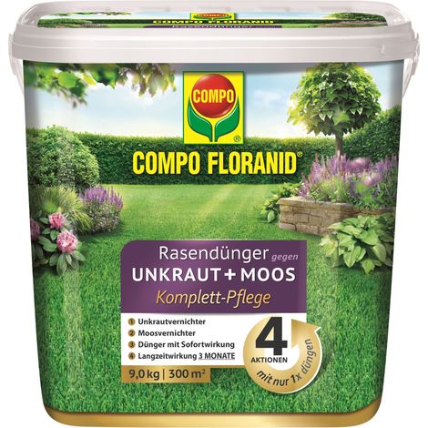 COMPO FLORANID Rasendünger gegen Unkraut+Moos Komplett-Pflege 9kg für 300m² (1/5)