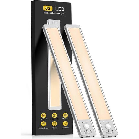 Lot de 2 lampes magnétiques rechargeables sans fil, détecteur de mouvement, lumière blanc chaud pour cuisine et placards (1/5)