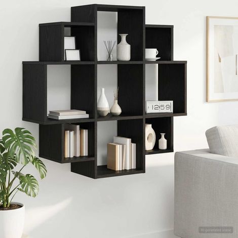 Étagère murale 9 compartiments en bois d’ingénierie chêne noir 90 x 25 x 90 cm - PANGIVO (1/5)