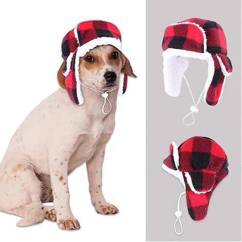 Heilwiy Weihnachtshundemütze mit Ohrenschützern, verstellbar, rot-kariert, Weihnachtsmütze für kleine und mittelgroße Hunde (1/4)