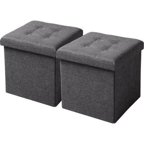 WOLTU Juego de 2 Taburetes con Almacenamiento Plegable Asiento de Lino Acolchado Tapa Extraíble 37.5x37.5x38CM (LxWxH) Gris Oscuro (1/5)