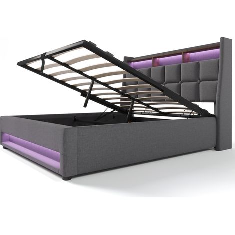 Cama con canapé tapizada gris 140x200 cm con colchón, LED, USB y somier metálico (1/5)