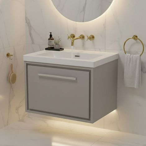 Hudson Reed Lille Wall Hung 1-Drawer Vanity Unit with 0TH Contemporary Basin 600mm Wide - Pebble Grey