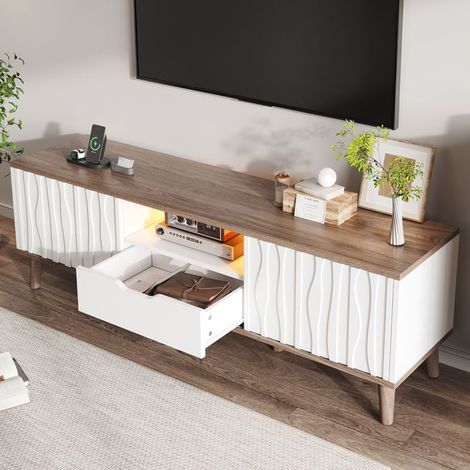 Meuble TV LED 160 x 40 x 52 cm porte coulissante TV jusqu'à 70 blanc rangement intégré (1/5)