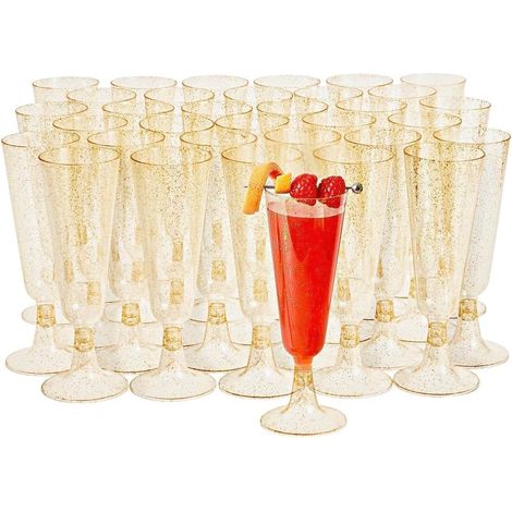 50 Flûtes à Champagne en Plastique Réutilisables Premium à Paillettes Dorées, 150ml - Verres à Champagne, Coupes de Champagne pour Mariages, Anniversaires & Fêtes