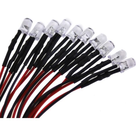 Lot de 10 LED 5mm Rouges - 24V avec Câble 20cm - Résistance Intégrée - Prêtes à Poser - Pour Modélisme et Signalisation