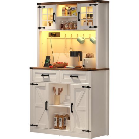 ELVMI Küchenbuffet mit verstellbarer LED, Steckdosen und USB Anschlüssen, 2 Schränken, MDF, Braun und Weiß (1/5)