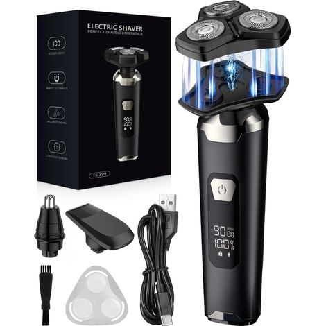 Rasoir Électrique Homme 4D Magnétique à 3 Têtes Flottantes,Rasoir Rotatif Homme Étanche IPX6 Humide et Sec avec Écran LCD,90 Min d’Autonomie,Charge Rapide USB-C,Rasoir Rechargeable pour Voyage Maison (1/5)