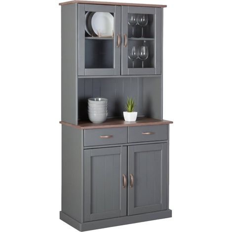 Dmora Credenza a 2 ante chiuse 2 vetrine e 2 cassetti, in pino massello verniciato grigio con top e finiture color marrone, 90x45x191 cm, con imballo rinforzato