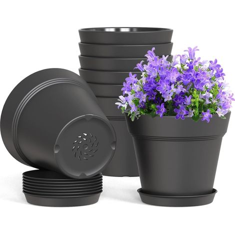 10 Pieces Plastic Flower Pots, 15 cm Thick Plant Pot with Root Control with Drainage Hole and Saucer for Plants, Flowers, Herbs, Succulents, Cactus (Black) (1/5)
