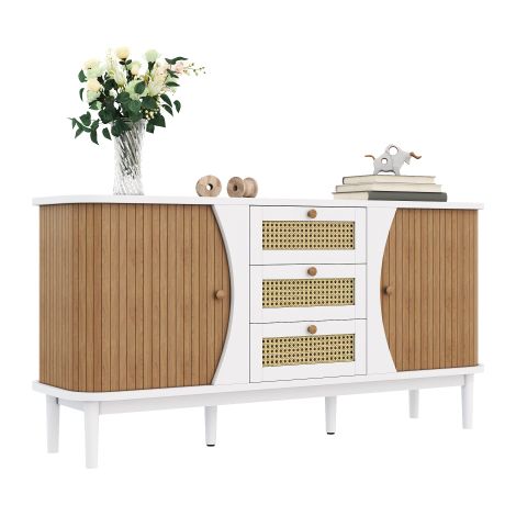 Buffet, commode en rotin, meuble à portes coulissantes, étagères réglables et plateau cintré.