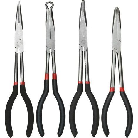 set of four 11-inch long conical pliers — straight pliers, 45° and 90° pliers, and round pliers — made of carbon steel. (1/5)