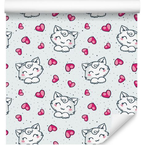 Papier peint Adorables chatons blancs et cœurs pour salon et chambre 50x1000 cm (1/5)