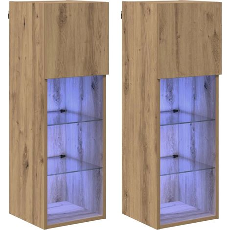 Lot de 2 meubles TV muraux modernes stratégiquement lumineux 30,5 x 30 x 90 cm en bois d'ingénierie chêne artisanal