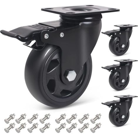 Ruedas giratorias de 100 mm con freno, 4 ruedas para muebles (16 tornillos incluidos) (1/4)